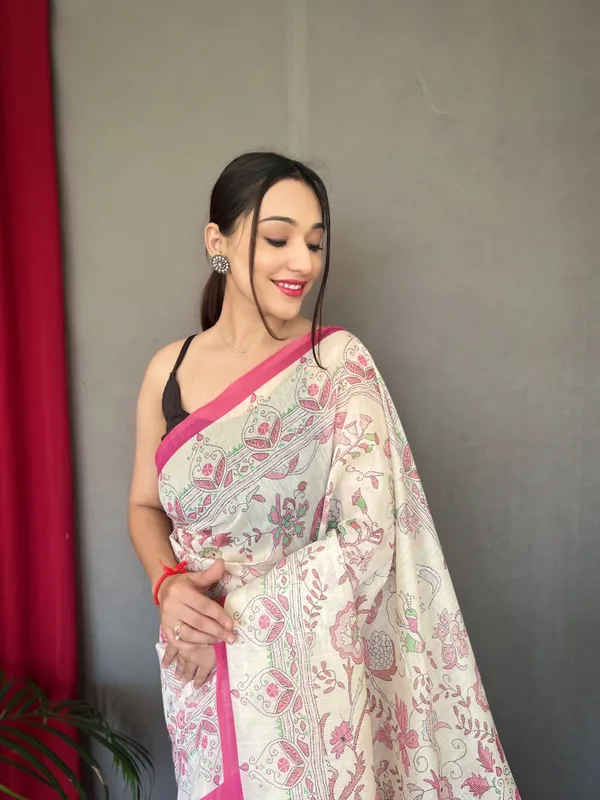 white_&_Pink_Pure_Malai_Cotton_Sarees_With_Katha_Print_Work_With_Blouse_Piece_Attached
